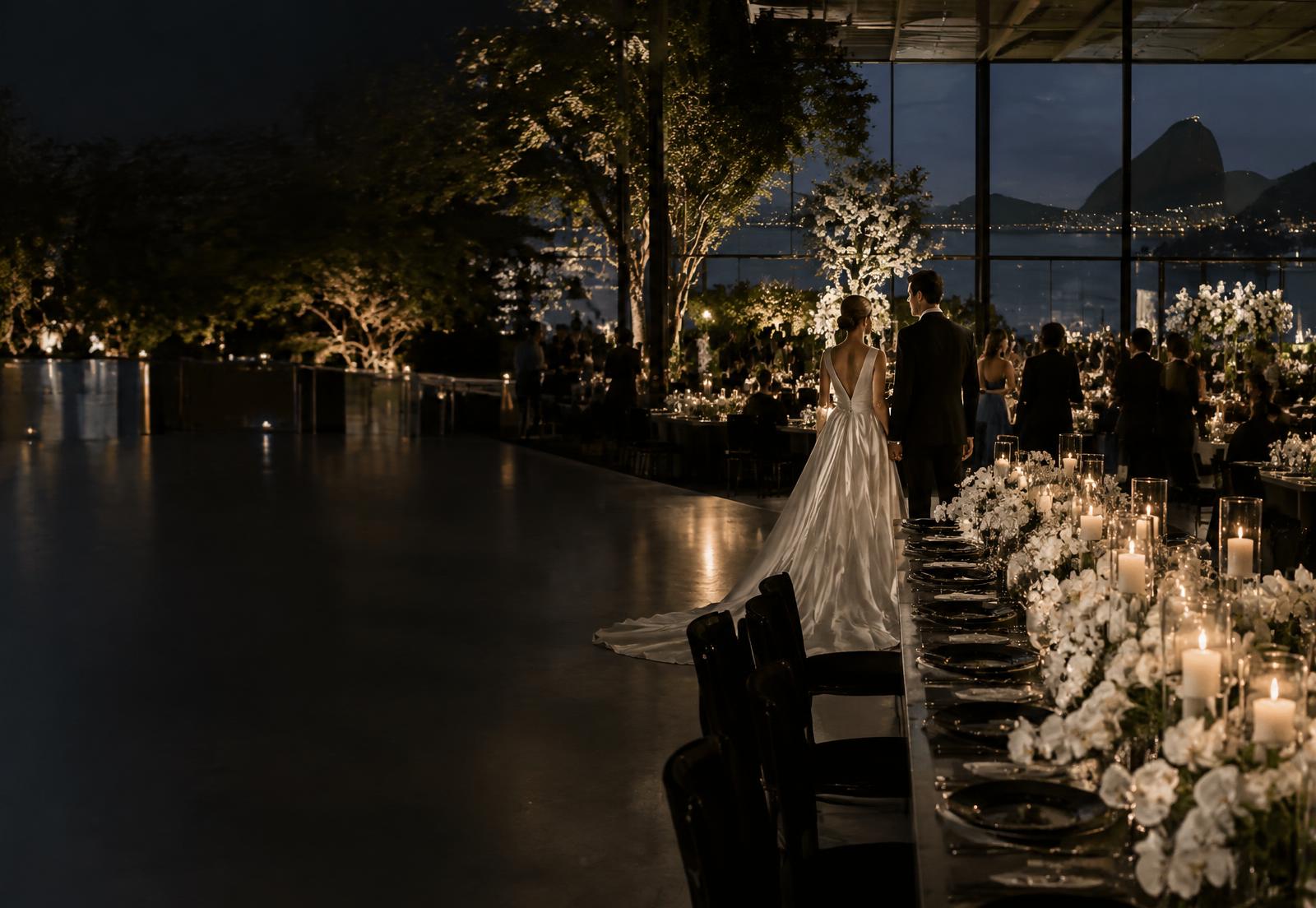 Celebração de casamento de alto padrão produzida em ambiente contemporâneo