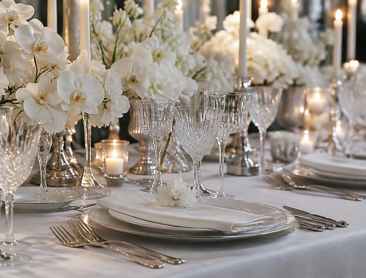 Mesa de evento com flores brancas, cristais e velas